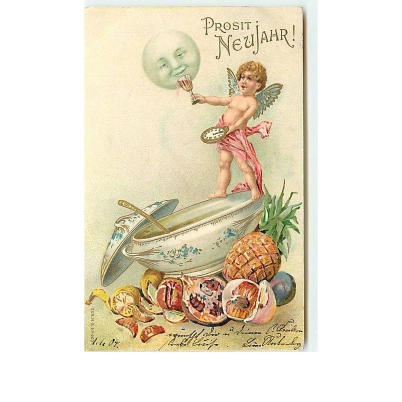 n°10580 - Carte Gaufrée - Prosit Neujahr - Ange - lune