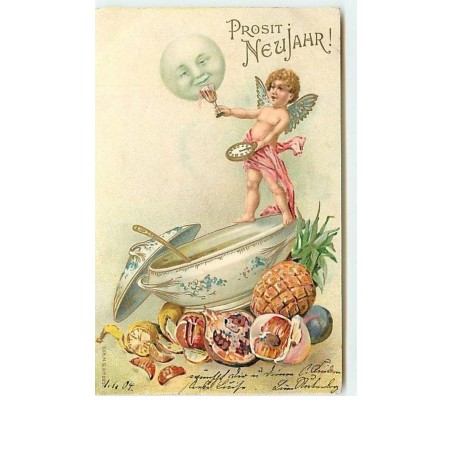 n°10580 - Carte Gaufrée - Prosit Neujahr - Ange - lune