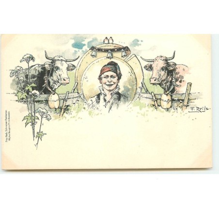 n°16306 - Fritz Reifs - Portrait d'un homme entre deux vaches