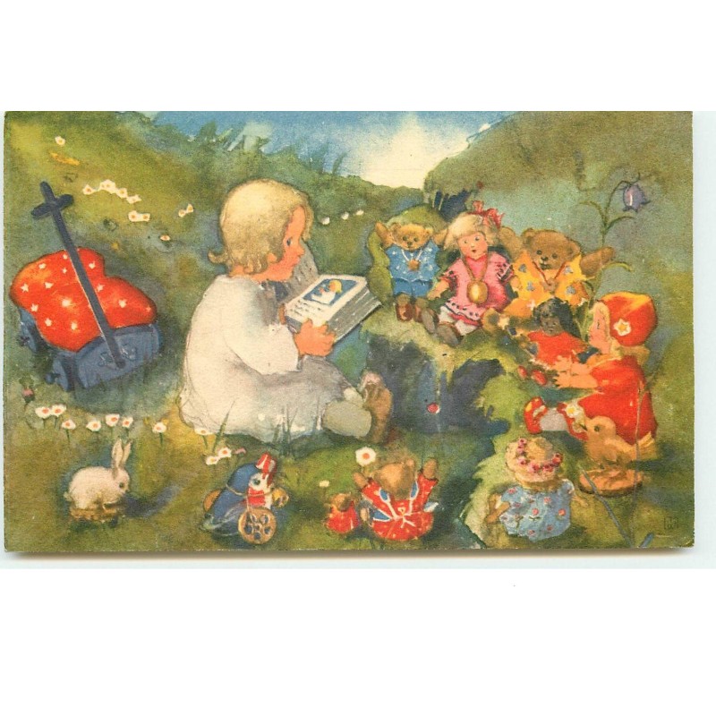 n°16309 - Mili Weber - Fillette lisant un livre à ses poupées et ses ours en peluche (Teddy bear)