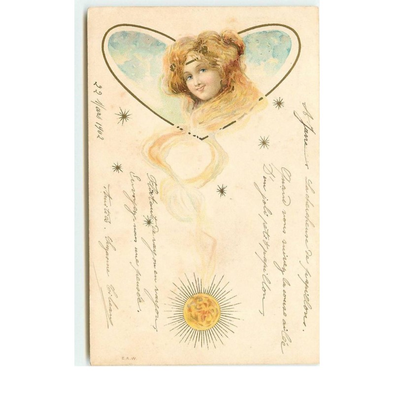 n°16316 - Portrait d'une jeune femme dans un coeur, evec un soleil