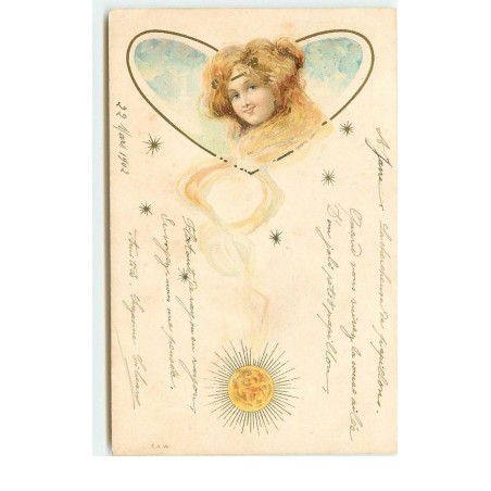 n°16316 - Portrait d'une jeune femme dans un coeur, evec un soleil