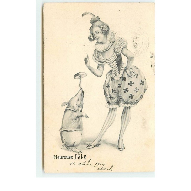 n°16346 - Heureuse Fête - Jeune femme regardant un cochon faisant des acrobaties