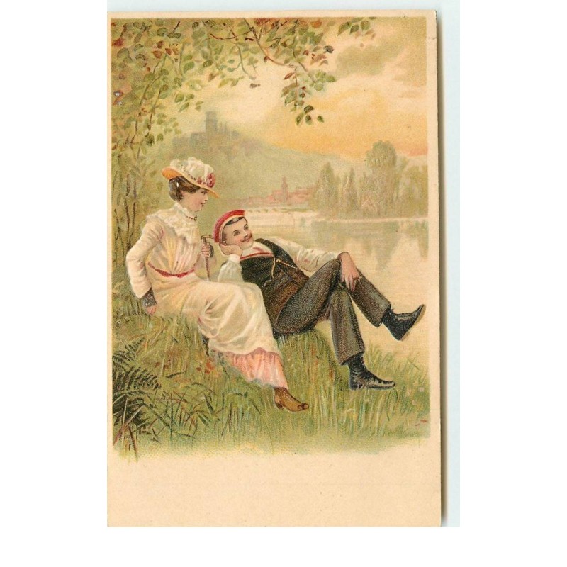 n°16348 - Carte Gaufrée - Couple flirtant au bord de l'eau