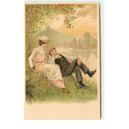 n°16348 - Carte Gaufrée - Couple flirtant au bord de l'eau