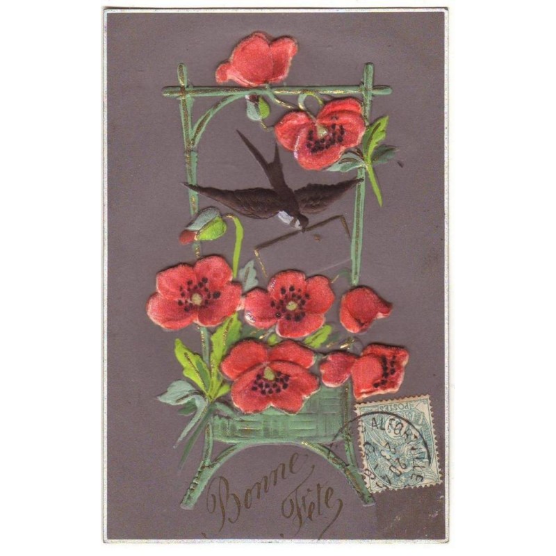 n°16353 - Carte en relief - Bonne Fête Coquelicot et une hirondelle - Fleurs en tissu
