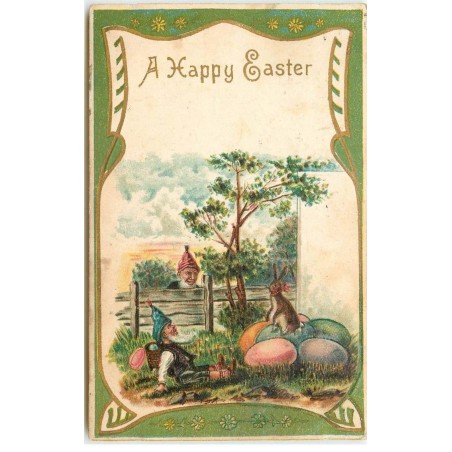 n°16374 - Carte Gaufrée - A Happy Easter - Lutins regardant un lièvre assis sur des oeufs dans un jardin