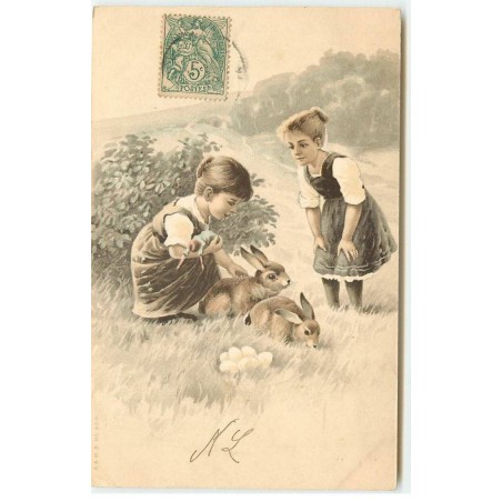 n°16375 - Fillettes caressant des lapins