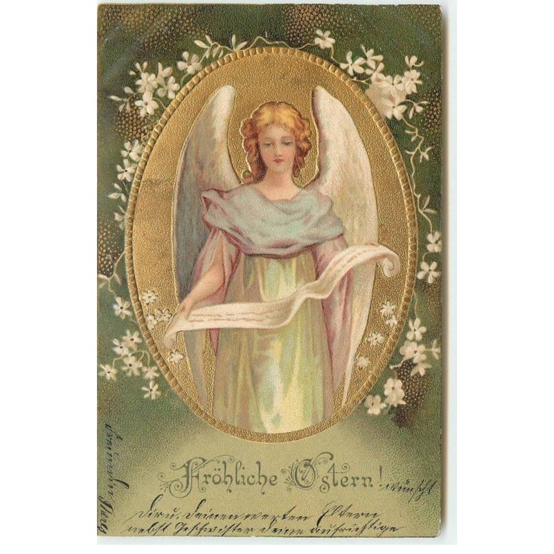 n°16376 - Carte Gaufrée - Clapsaddle - Fröhliche Ostern - Ange lisant un parchemin
