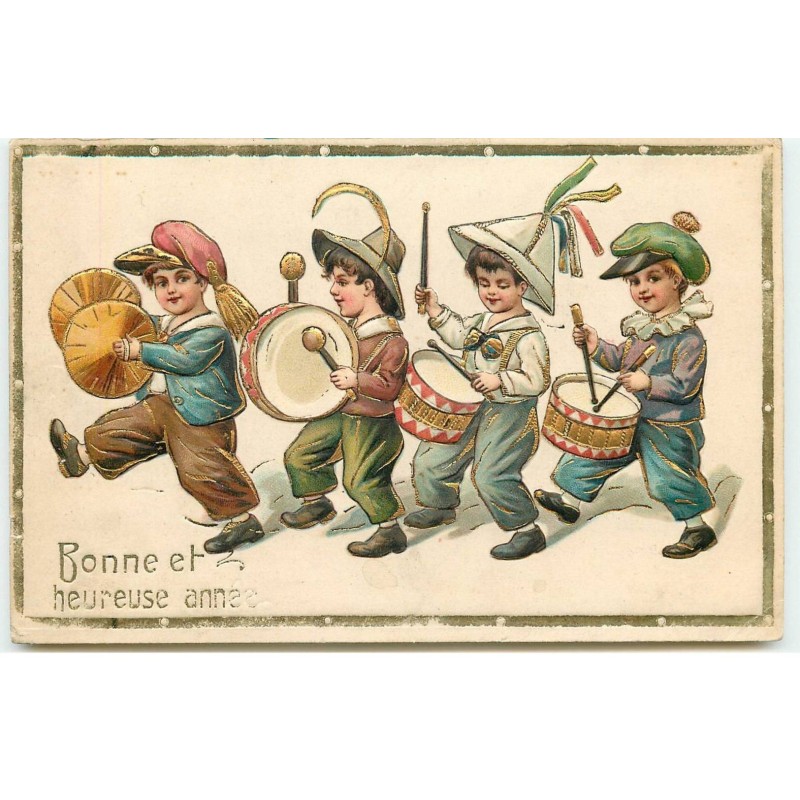 n°16378 - Carte Gaufrée - Bonne et Heureuse Année - Enfants jouant des tambours et des cymballes