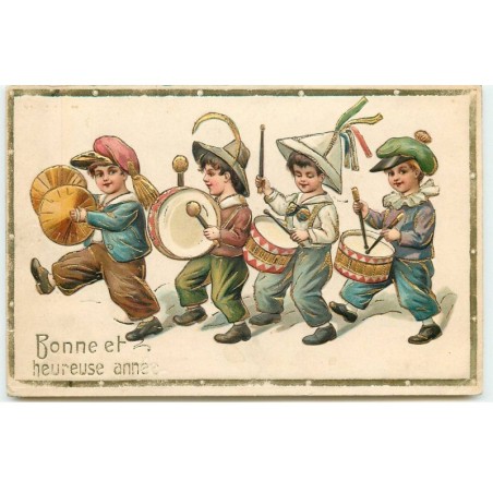 n°16378 - Carte Gaufrée - Bonne et Heureuse Année - Enfants jouant des tambours et des cymballes