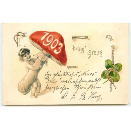 n°16383 - Carte Gaufrée - Bring Glück 1903 - Enfant portant un champignon, et des portes-bonheurs