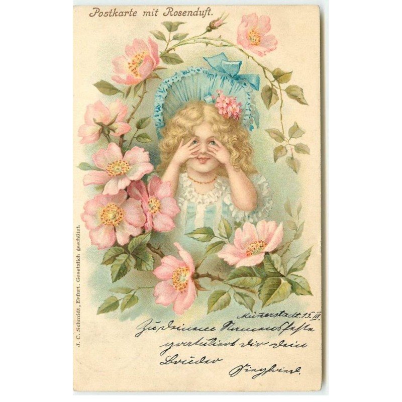n°16393 - Postkarte mit Rosenduft - Fillette se cachant derrrière des fleurs