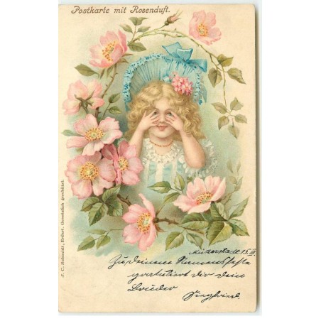 n°16393 - Postkarte mit Rosenduft - Fillette se cachant derrrière des fleurs