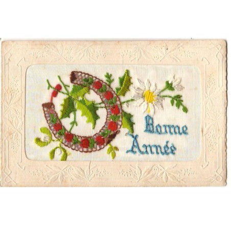 n°16403 - Carte Brodée - Bonne Année - Fleurs, et Fer à Cheval