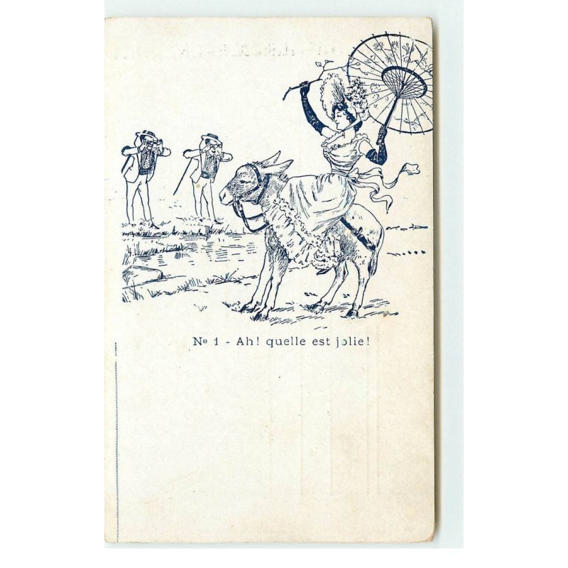 n°16414 - N°1 Ah ! quelle est jolie ! - Jeune femme sur un âne observée par des hommes avec des jumelles