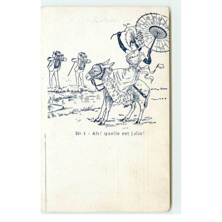 n°16414 - N°1 Ah ! quelle est jolie ! - Jeune femme sur un âne observée par des hommes avec des jumelles