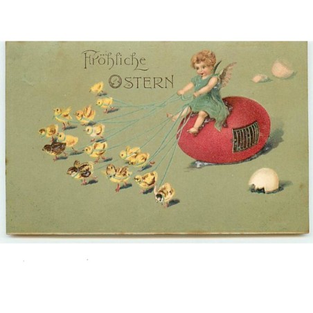 n°10588  - Fröhliche Ostern - Ange sur un oeuf tiré par des poussins