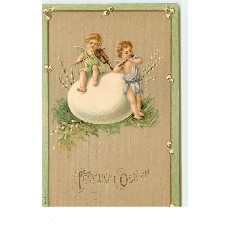 n°16417 - Carte Gaufrée - Fröhliche Ostern - Anges jouant de la musique près d'un oeuf