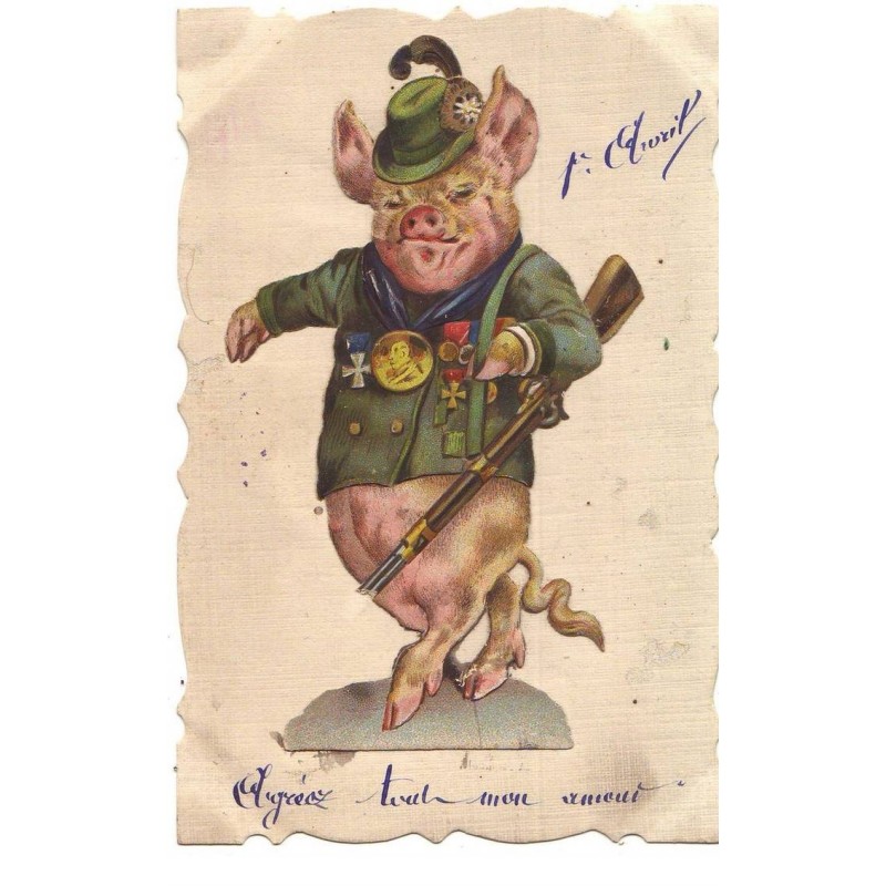 n°16420 - Carte avec un  chromo - 1er Avril - Un Cochon habillé, portant des médailles et un fusil