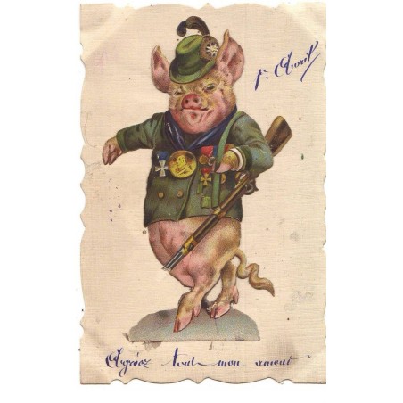 n°16420 - Carte avec un  chromo - 1er Avril - Un Cochon habillé, portant des médailles et un fusil
