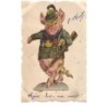 n°16420 - Carte avec un  chromo - 1er Avril - Un Cochon habillé, portant des médailles et un fusil