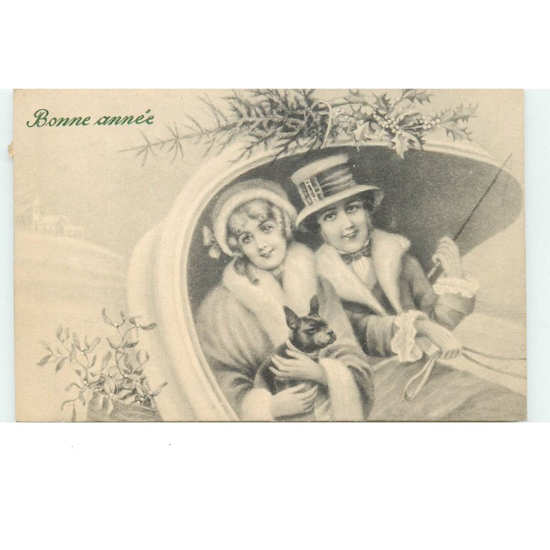 n°16429 - VK Vienne n°5002 - Bonne Année - Couple avec un bouledogue dans une calèche