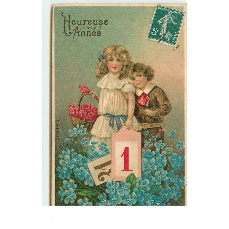 n°16432 - Carte Gaufrée - Heureuse Année - Enfants, la fillette portant un panier rempli de roses