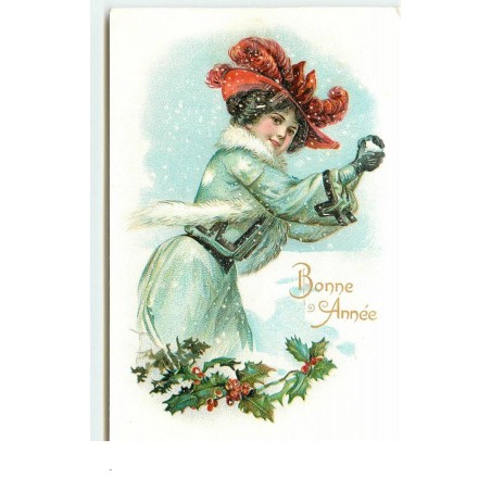 n°16433 - Carte Gaufrée - Bonne Année - Jeune femme avec une boule de neige