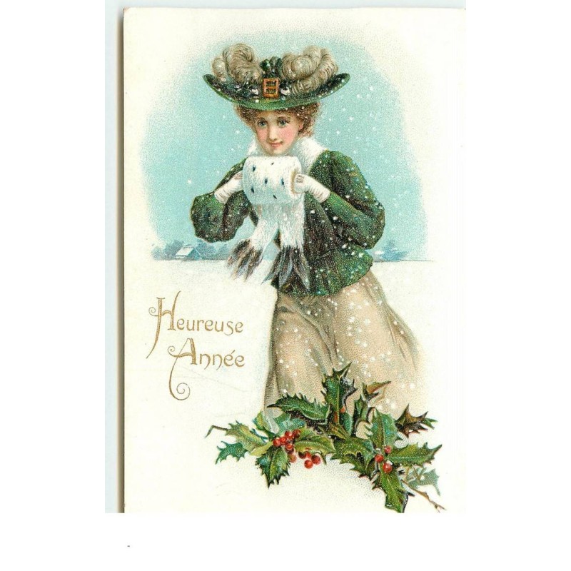 n°16434 - Carte Gaufrée - Heureuse Année - Jeune femme en vert se réchauffant les mains dans un manchon
