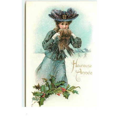 n°16435 - Carte Gaufrée - Heureuse Année - Jeune femme en bleu se réchauffant les mains dans un manchon