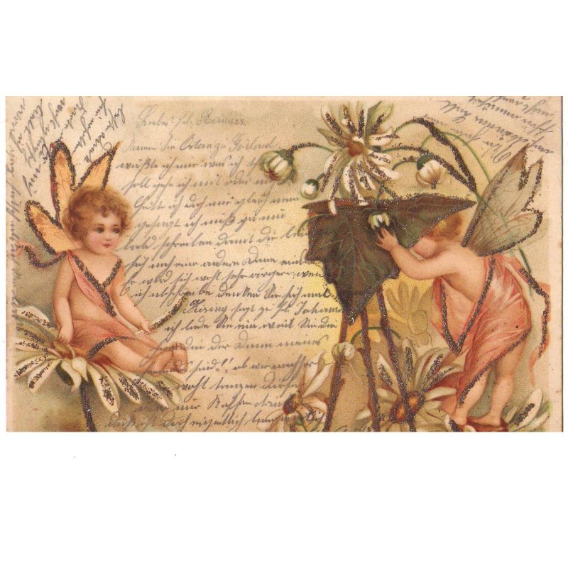 n°16447 - Carte à Paillettes - Clapsaddle - Anges, l'un assis sur une fleur, et l'autre le prenant en photo