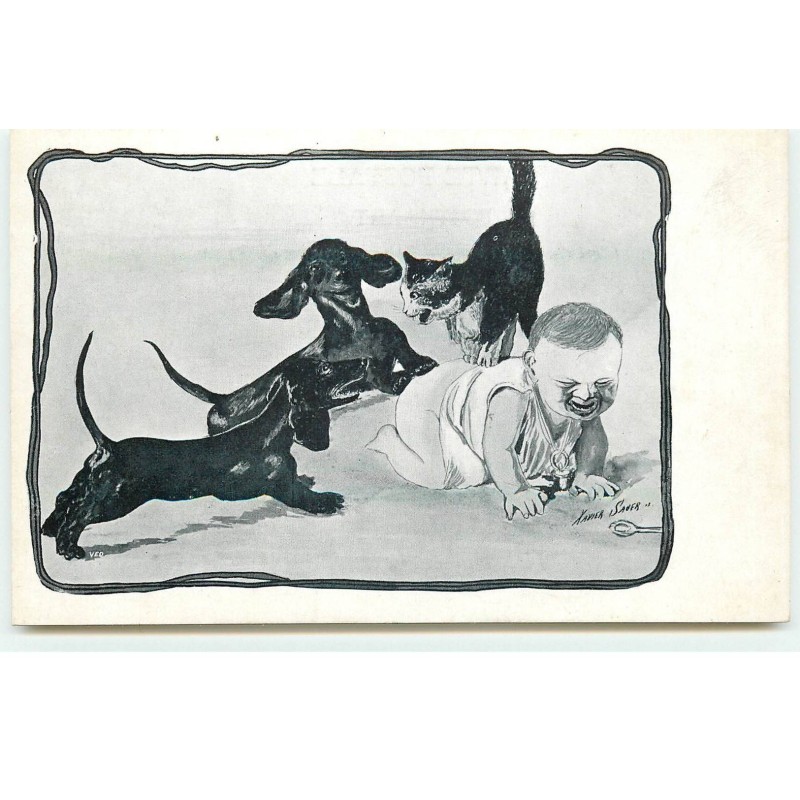 n°16451 - X. Sager - Deux teckels et un chat jouant avec un bébé - Dackel