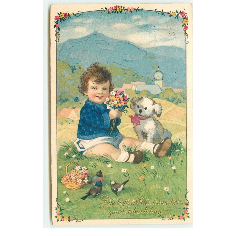 n°16452 - Baumgarten - Chiot à côté d'un enfant faisant un bouquet de fleurs