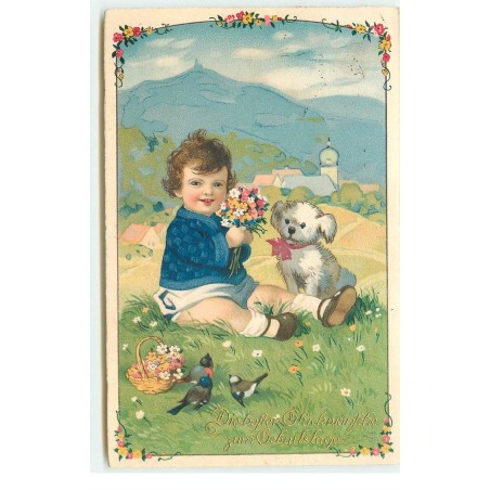 n°16452 - Baumgarten - Chiot à côté d'un enfant faisant un bouquet de fleurs