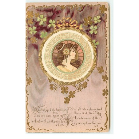 n°16473 - Carte Gaufrée - Art Nouveau - Profil d'une jeune femme dans un médaillon