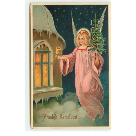 n°16481 - Carte Gaufrée - Vroolijk Kerstfeest - Ange gardien apportant un sapin et sonnant une clochette