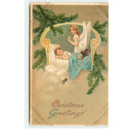 n°16482 - Carte Gaufrée - Christmas Greetings - Ange Gardien veillant sur un enfant endormi