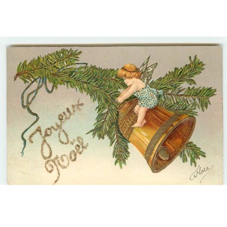 n°16484 - Carte Gaufrée avec des paillettes - Joyeux Noël - Ange accrochant une clochette à une branche de sapin