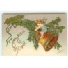 n°16484 - Carte Gaufrée avec des paillettes - Joyeux Noël - Ange accrochant une clochette à une branche de sapin