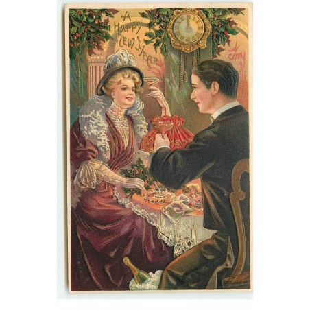 n°16489 - Carte Gaufrée - A Happy New Year - Couple trinquant avec du champagne