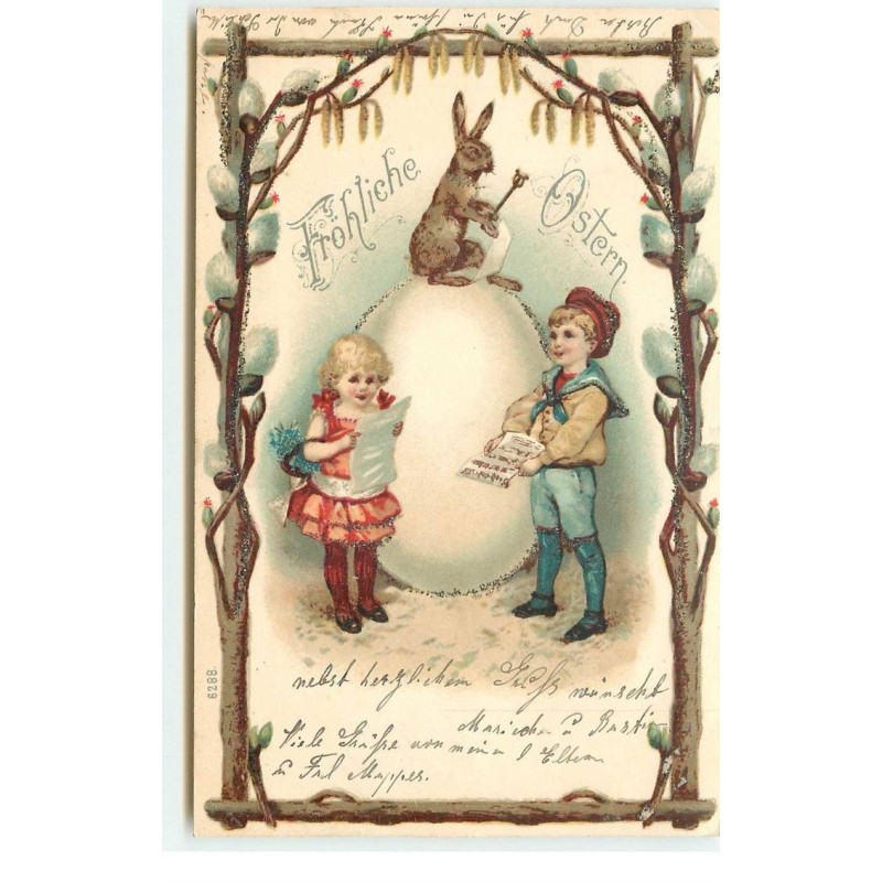 n°16492 - Carte avec paillettes - Fröhliche Ostern - Anfant autour d'un oeuf avec un lièvre au-dessus