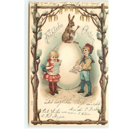 n°16492 - Carte avec paillettes - Fröhliche Ostern - Anfant autour d'un oeuf avec un lièvre au-dessus