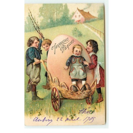 n°16494 - Carte Gaufrée - Joyeuses Pâques - Enfants transportant un oeuf