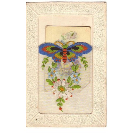 n°16501 - Carte Brodée - Papillon avec des fleurs
