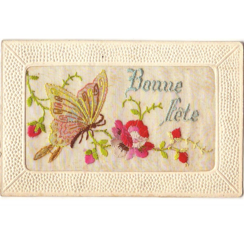 n°16503 - Carte Brodée - Bonne Fête - Papillon et des roses