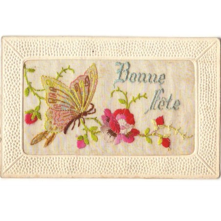 n°16503 - Carte Brodée - Bonne Fête - Papillon et des roses