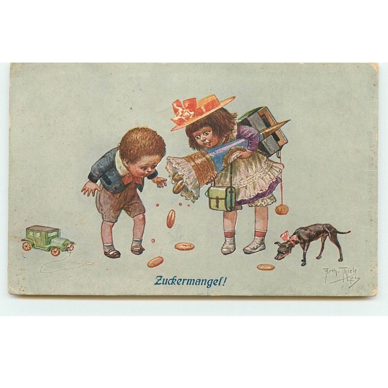 n°16510 - A. Thiele - Zuckermangel - Enfants avec un chien, la fillette ... des pièces d'or d'une corne d'abondance