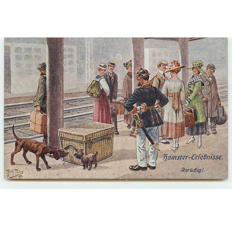 n°16512 - A. Thiele - Hamster-Erlebnisse Anrüdfig - Voyageurs sur un quai de gare, et deux chiens