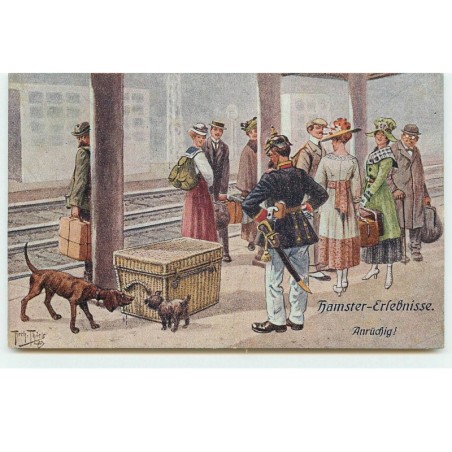n°16512 - A. Thiele - Hamster-Erlebnisse Anrüdfig - Voyageurs sur un quai de gare, et deux chiens